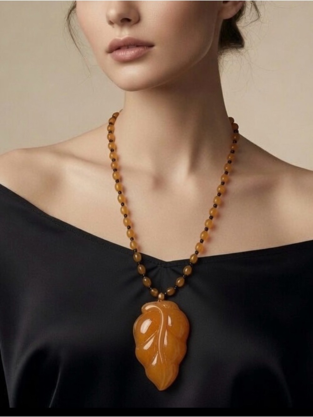 Beeswax Amber Carved Leaf Pendant Necklace with Black seed beads - Boho Style